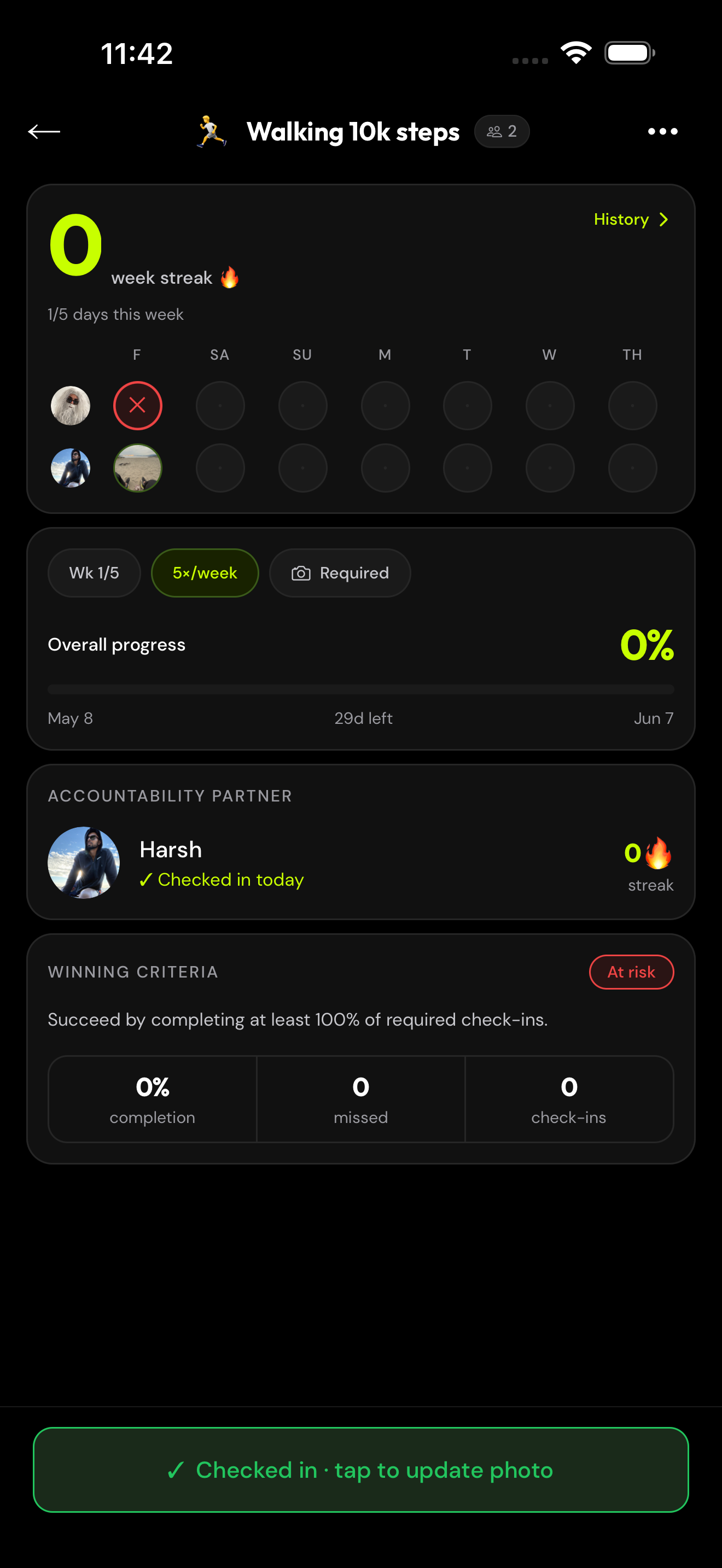 Bet detail screen showing streak tracking and accountability partner