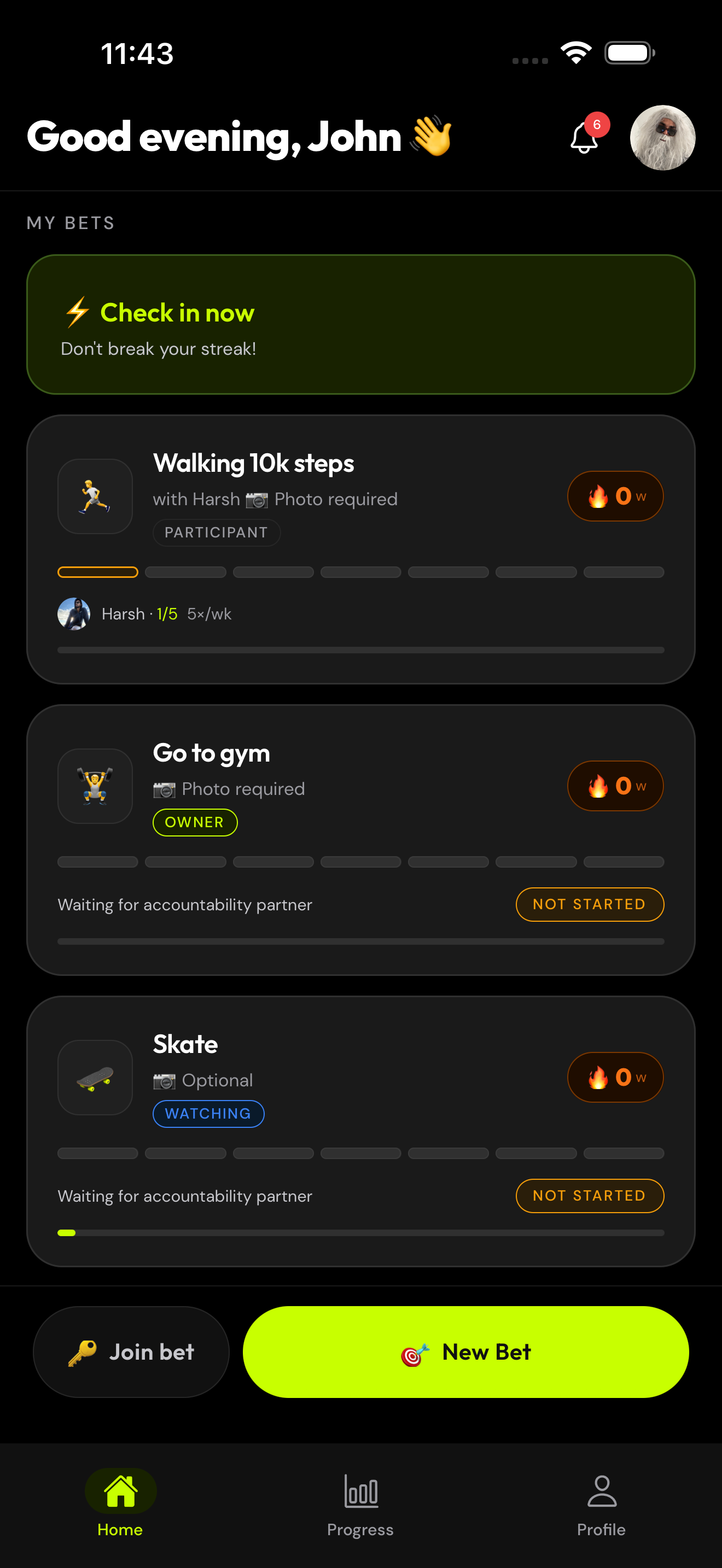Home screen showing active bets and check-in prompt
