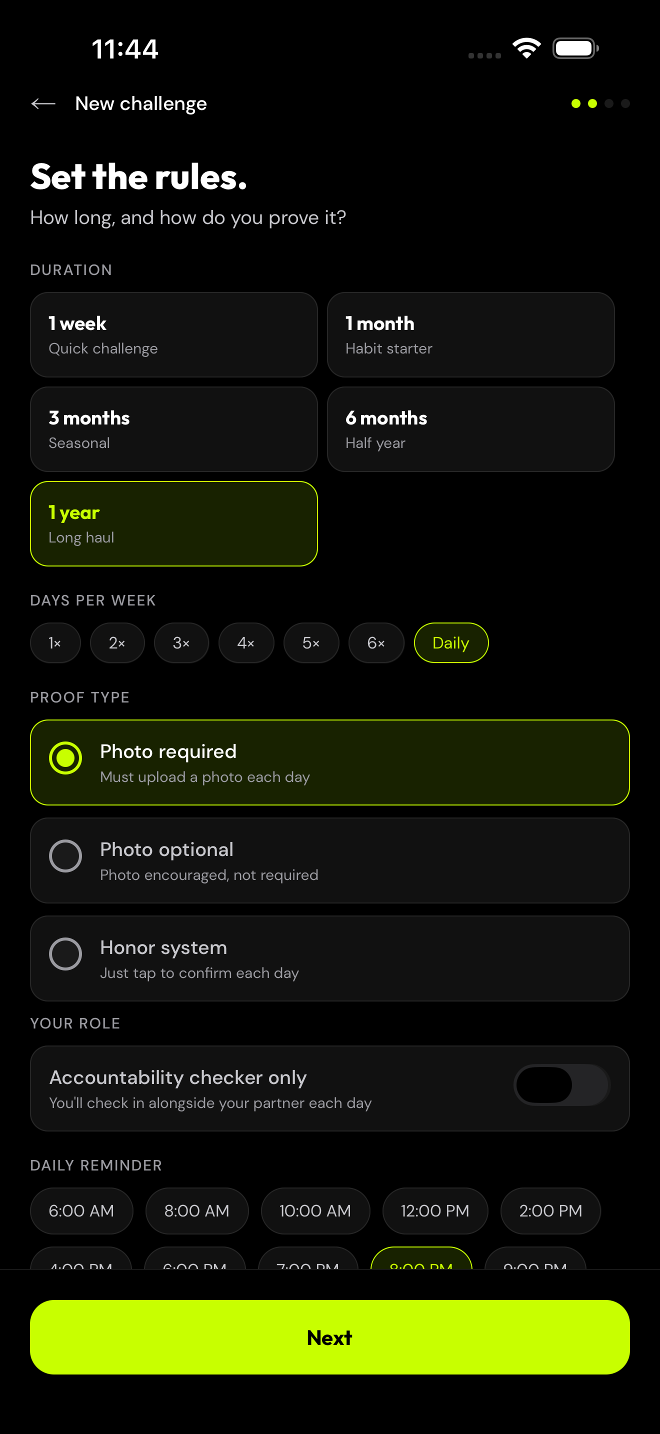 New challenge screen for setting bet rules and schedule